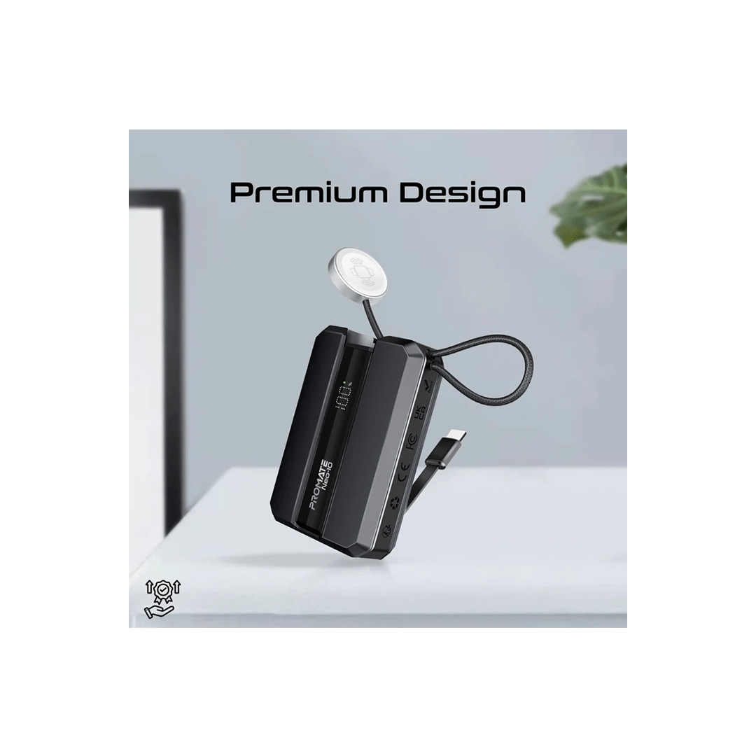 Promate Neo-10 30W 10000mAh Power Delivery Smartphone & Apple Watch Charging Power Bank with in-built USB-C Cable - Black in Qatar Promate Neo-10 30W 10000mAh Power Delivery Smartphone & Apple Watch Charging Power Bank with in-built USB-C Cable - Black in Qatar